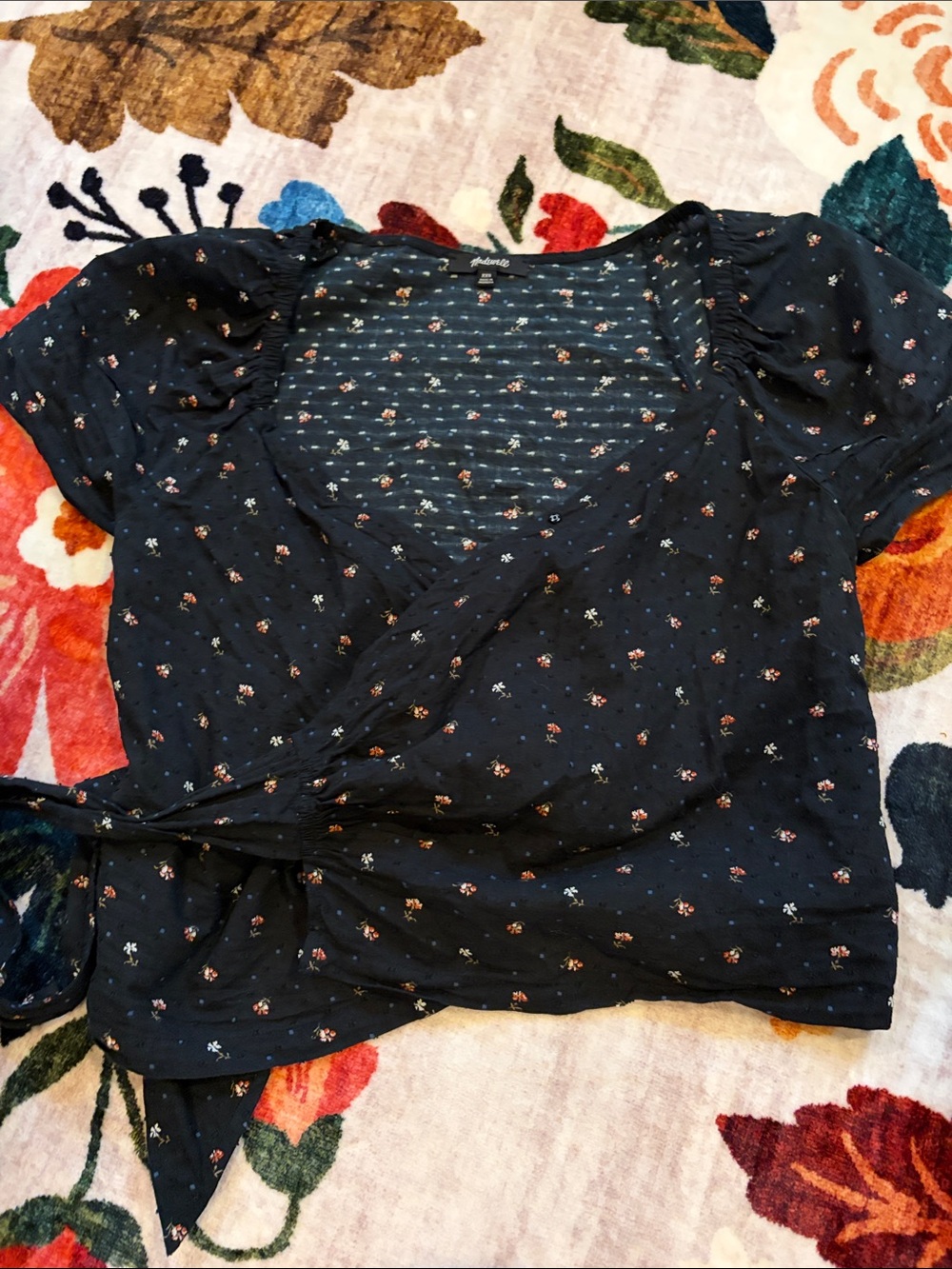 Madewell Navy Floral Wrap Short-Sleeve Blouse
